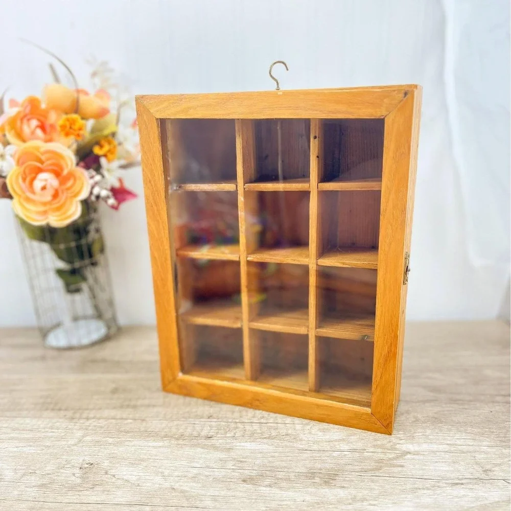 Vintage Natural Wood Curio Cabinet with Glass Door‎